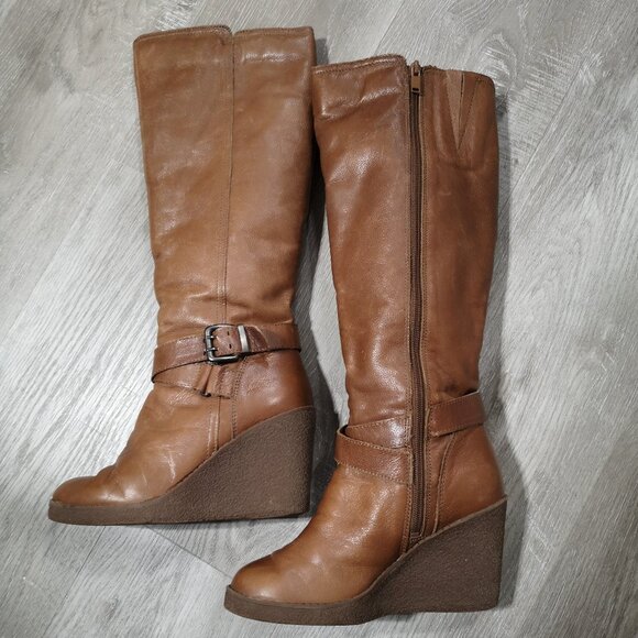 Aldo Ladies Size 7 Brown Knee High Side Zip Lined Faux Leather Wedge Heel Boots - Picture 7 of 13